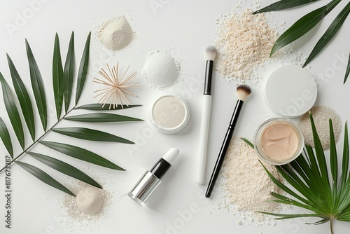 top view of a beautiful minimalistic arrangement of cosmetic and anti ageing items, flat white background with a little bit of sand