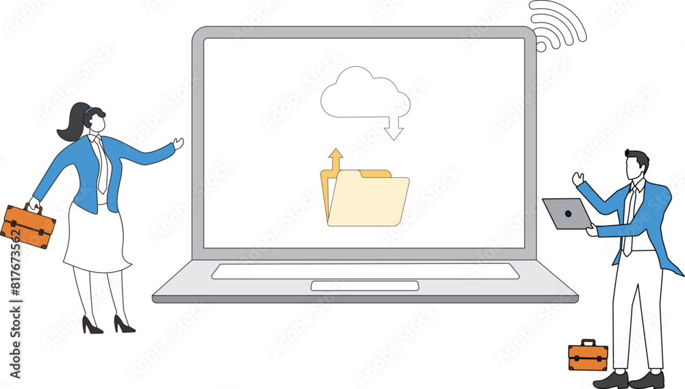 Online data storage and transfer Laptop, Concept of mobile network, wireless Internet connection technology. Wifi illustration.a Online data storage and transfer Laptop, Concept of mobile network, wireless Internet connection technology. Wifi illustration.a