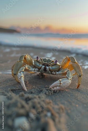 A crab sitting on top of a sandy beach. Perfect for nature and marine themed designs