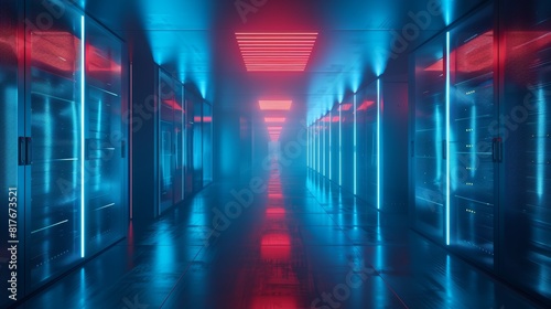 The image is a long, dark hallway with bright lights at the end