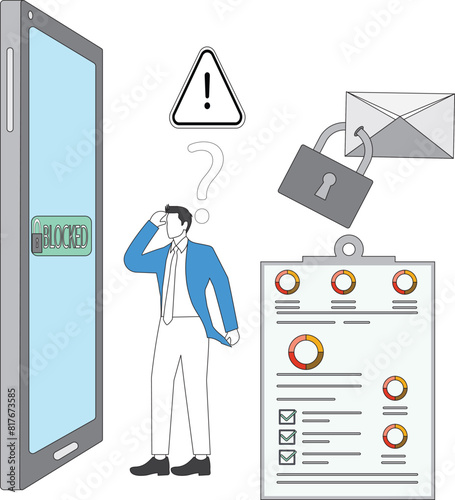 Businessman Unblock account, Experts help user to unblock account. Cyber crime, hacker attack, censorship or ransomware activity security