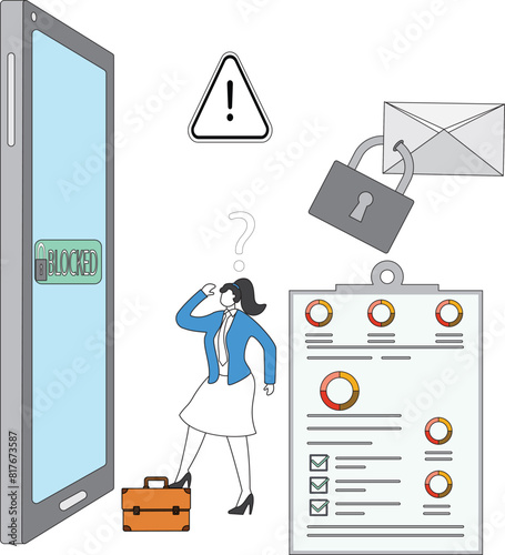 Businesswoman Unblock account, Experts help user to unblock account. Cyber crime, hacker attack, censorship or ransomware activity security