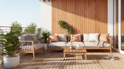wooden terrace and comfort sofa furniture set on balcony terrace