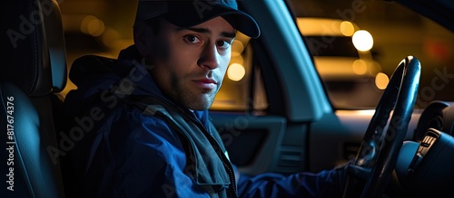 Portrait of a young postal worker sitting in his car during a delivery on his way to deliver mail copy space image