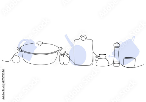 Horizontal cooking template. Background with dishes. Continuous drawing of lines. Vector illustration. Without artificial intelligence