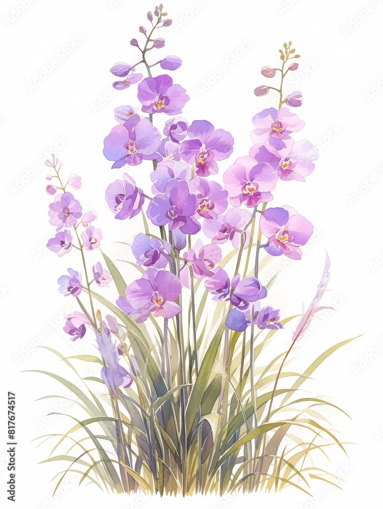 Naklejka premium Phalaenopsis, painted with watercolor paints, bright colors, children's book illustration, rough 2D animation, isolated on white background