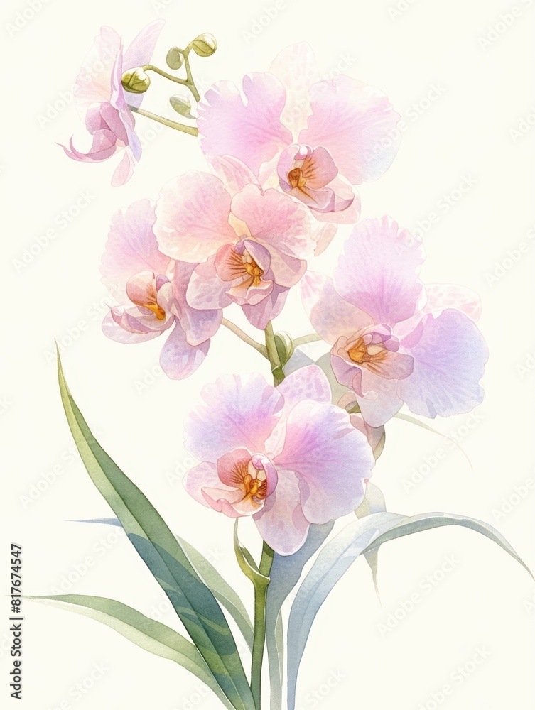 Fototapeta premium Phalaenopsis, painted with watercolor paints, bright colors, children's book illustration, rough 2D animation, isolated on white background