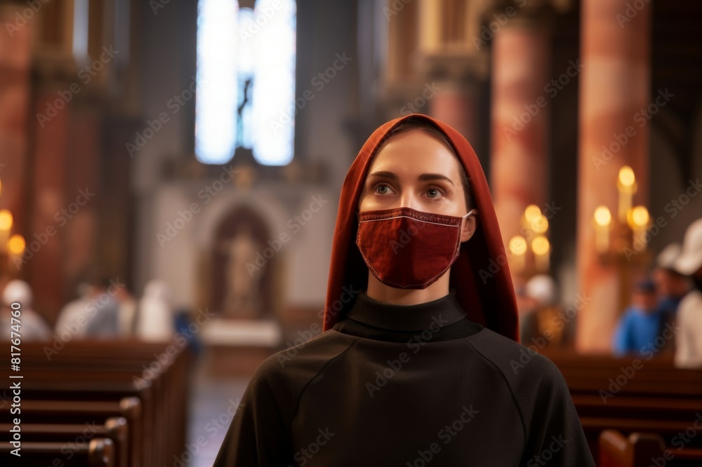 Religious woman visiting church during pandemic Religious woman visiting church during pandemic