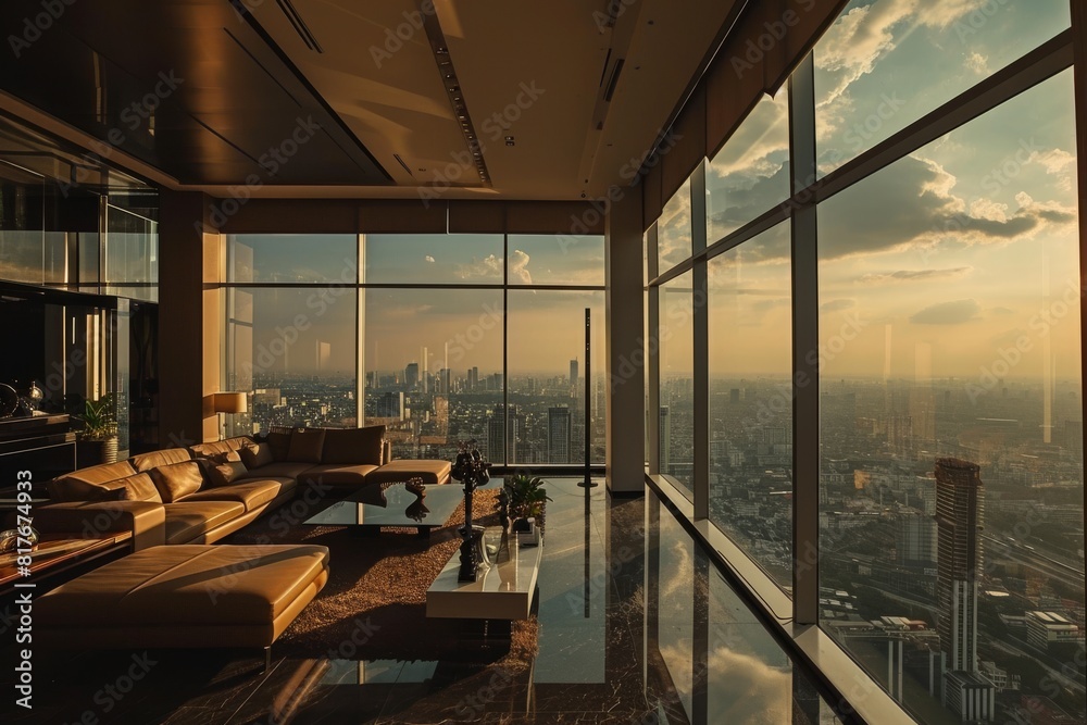 A luxurious penthouse apartment overlooking a bustling city skyline concept, Ai AI-generated