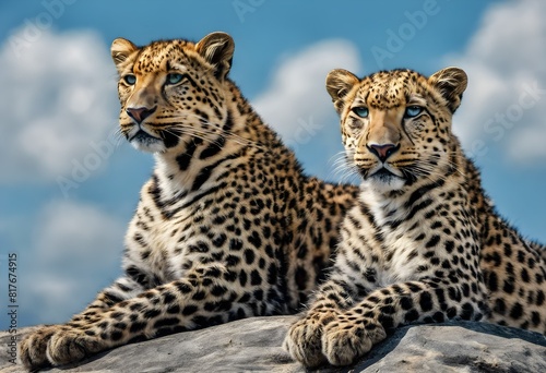 Leopard's  sitting on a rock in the sun