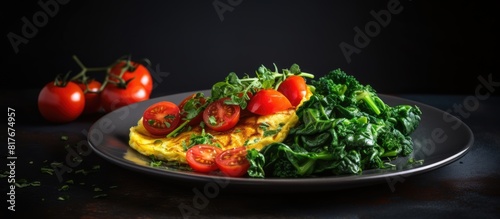 A healthy vegan breakfast featuring an omelette prepared with tomatoes and greens is shown in a copy space image against a dark background
