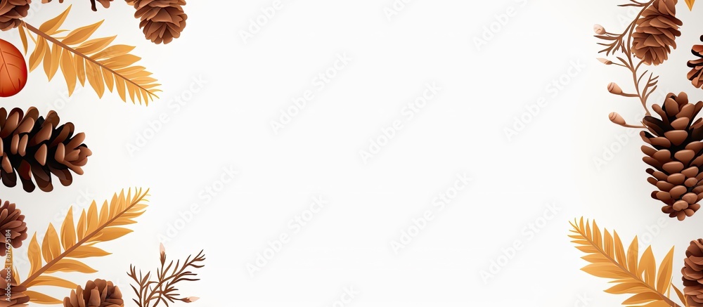 A white background with fir cones oak leaves and copy space Top view flat lay