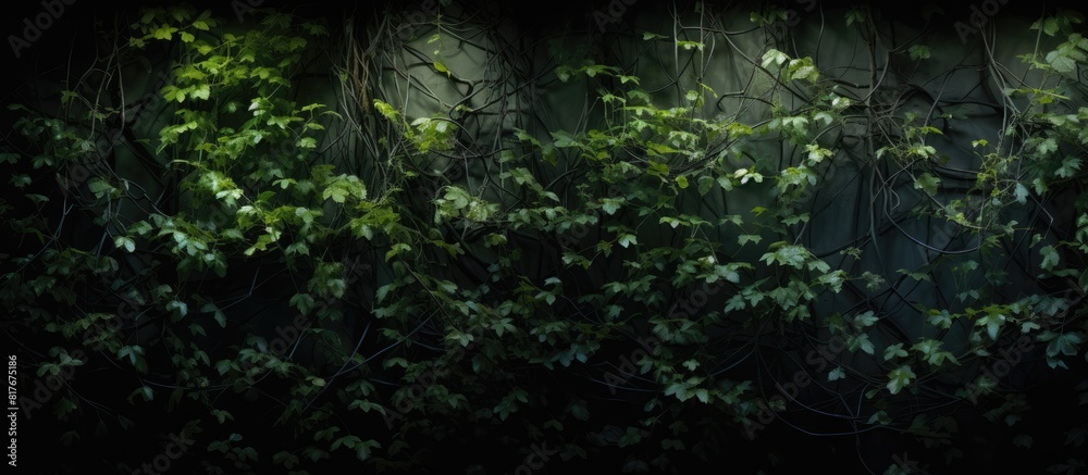 A wall covered in branches and foliage with a play of light and dark creating intriguing patterns Copy space image A wall covered in branches and foliage with a play of light and dark creating intriguing patterns Copy space image