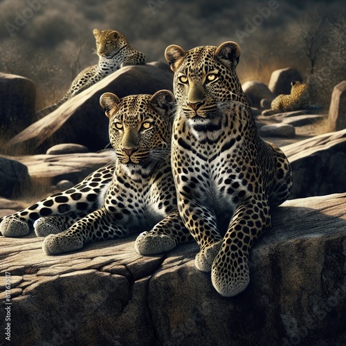 Leopard's  sitting on a rock in the sun