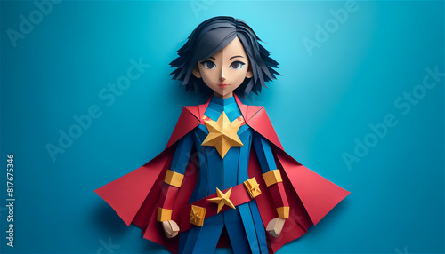 Origami-Style Female Superhero with Blue Hair, Red Cape, and Star Emblem
