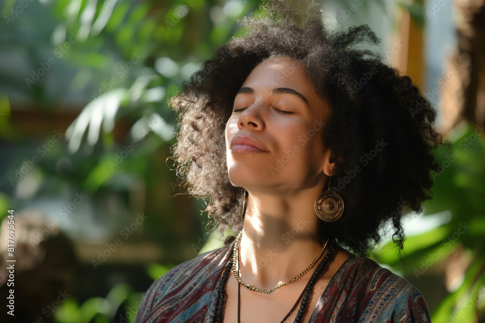 Peaceful woman practicing mindfulness surrounded by greenery, embracing mental clarity Peaceful woman practicing mindfulness surrounded by greenery, embracing mental clarity