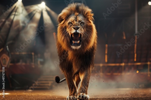 Beautiful lion performing in the circus arena photo