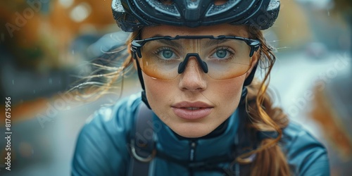 Close-up of a young female cyclist with helmet and sunglasses in an urban setting © Анна Д