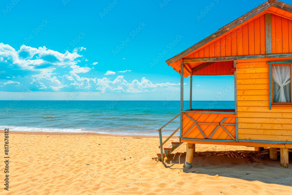 Orange wooden beachhouse on a sandy beach with blue sky and sea view. Orange wooden beachhouse on a sandy beach with blue sky and sea view.