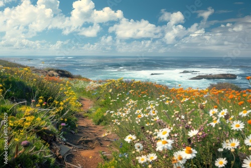 Coastal Cliffside Path with Wildflowers photo