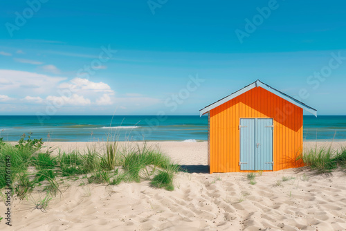 Orange wooden beachhouse on a sandy beach with sea view.