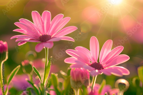 Two pink daisies in a field of pink flowers on sunny summer day. Close-up view.