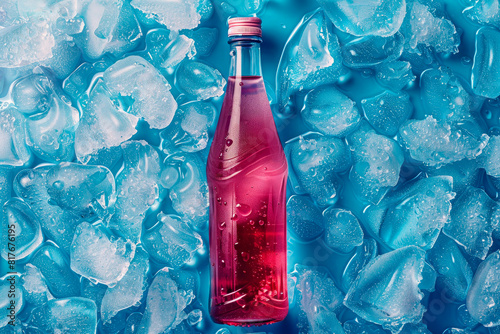 Cold bottle of cold drink over ice cubes. Food and drink background.