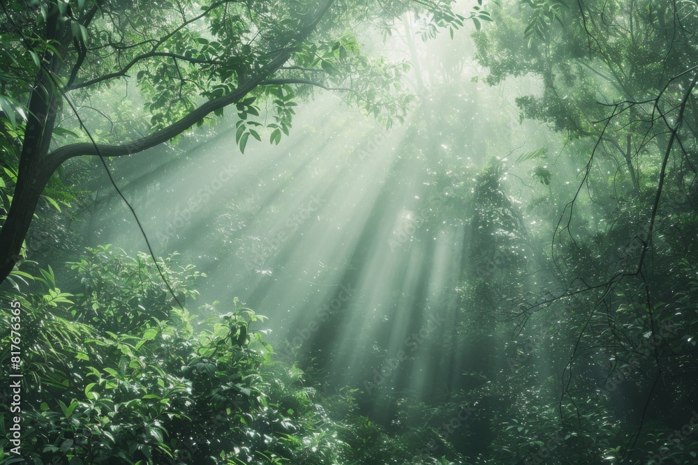 Obraz premium Sunbeams Filtering Through Forest Trees