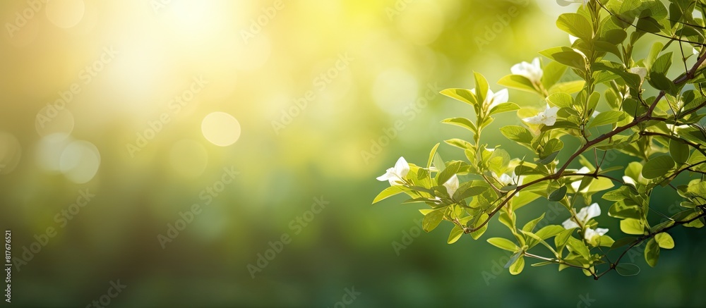 A vibrant copy space image of flowers and small green leaves illuminated by the morning sun creates a beautiful natural background