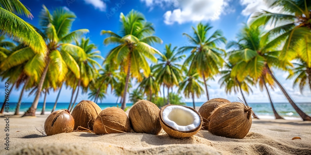 coconut on the beach Wallpaper sea, beach, sand, palm trees. rest at sea, blue ocean, background, art summer season. Coconuts and coconut cocktail, palm trees macro, palm leaves