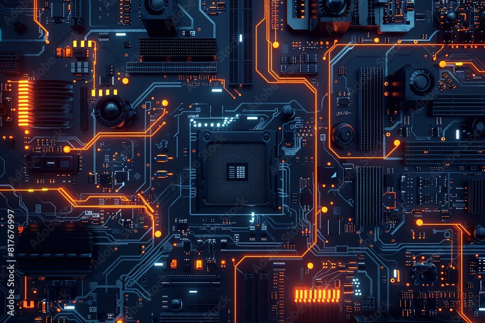 3D rendering of abstract computer circuit motherboard, for educational purposes, digital wallpapers, or tech project.
