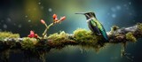 A single ana s hummingbird perched on a mossy branch in the park with a creamy green backdrop as a copy space image