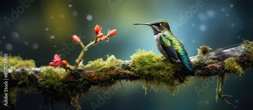 A single ana s hummingbird perched on a mossy branch in the park with a creamy green backdrop as a copy space image photo