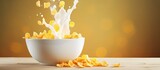 A bowl of corn flakes with milk pouring over them creating a copy space image