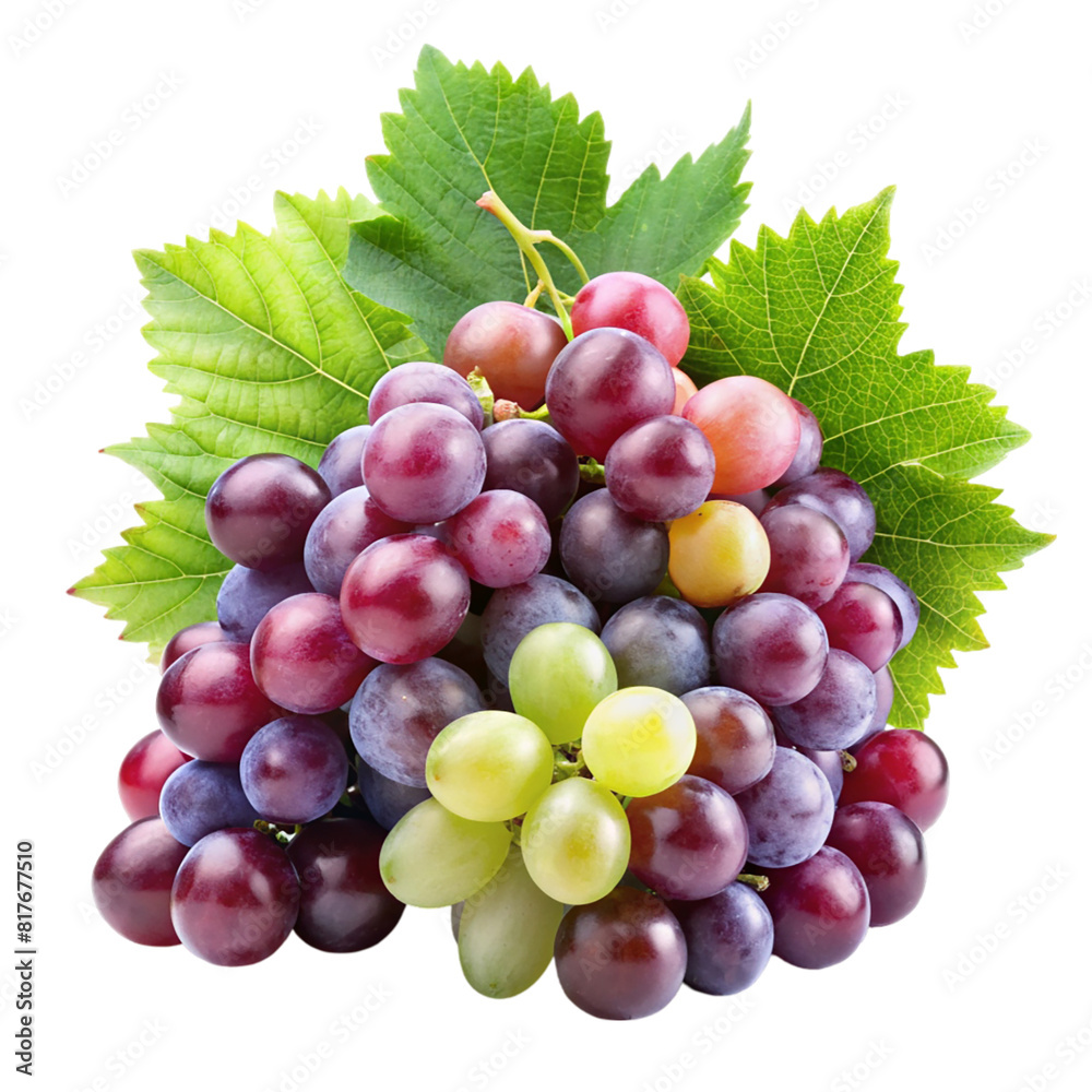 Fototapeta premium A bunch of grapes with leaves isolated on transparent background