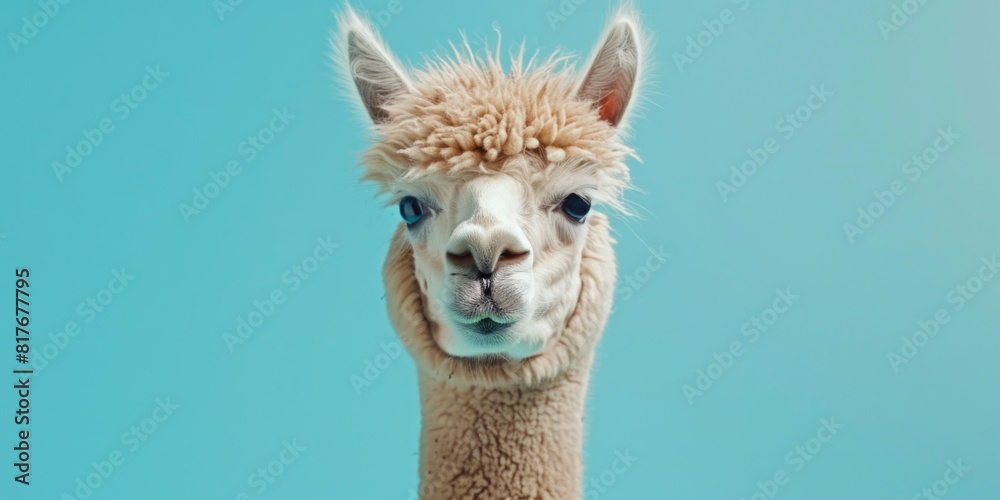 Close up of a llama's face against a blue background. Suitable for animal lovers and nature enthusiasts