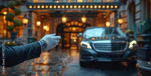 Elegant chauffeur opening a classic car door in front of a luxurious hotel on a rainy evening