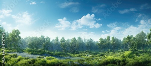 An image with a peaceful scene of a dense forest surrounded by a clear blue sky with no clouds leaving plenty of room for other elements. Creative banner. Copyspace image