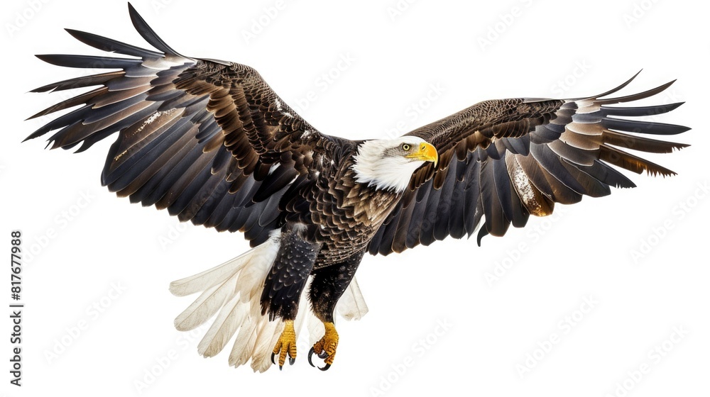 Majestic bald eagle flying with spread wings, ideal for wildlife and freedom concepts Majestic bald eagle flying with spread wings, ideal for wildlife and freedom concepts