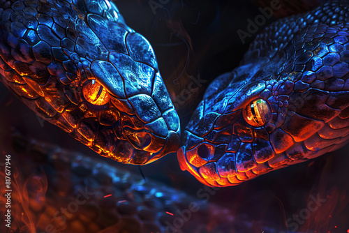 Render a tense standoff between two cobras, their bodies intertwined in a deadly dance, with close-up shots accentuating the hypnotic allure of their glowing eyes  photo