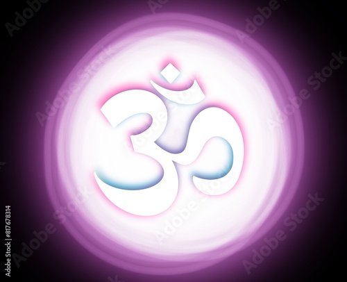 hindu om symbol isolated on glowing purple white background 