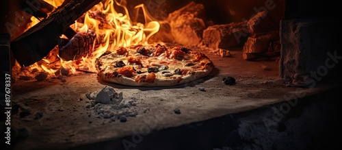 A pizza being cooked inside a stone oven using firewood with a copy space image
