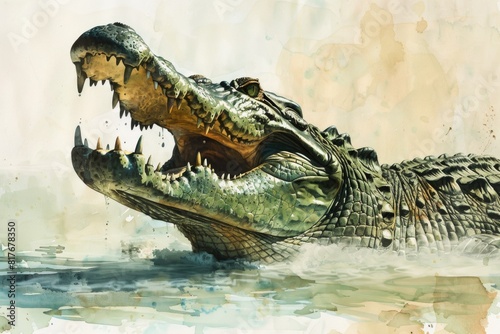 A realistic painting of a crocodile with its mouth wide open. Perfect for educational materials or wildlife-themed projects