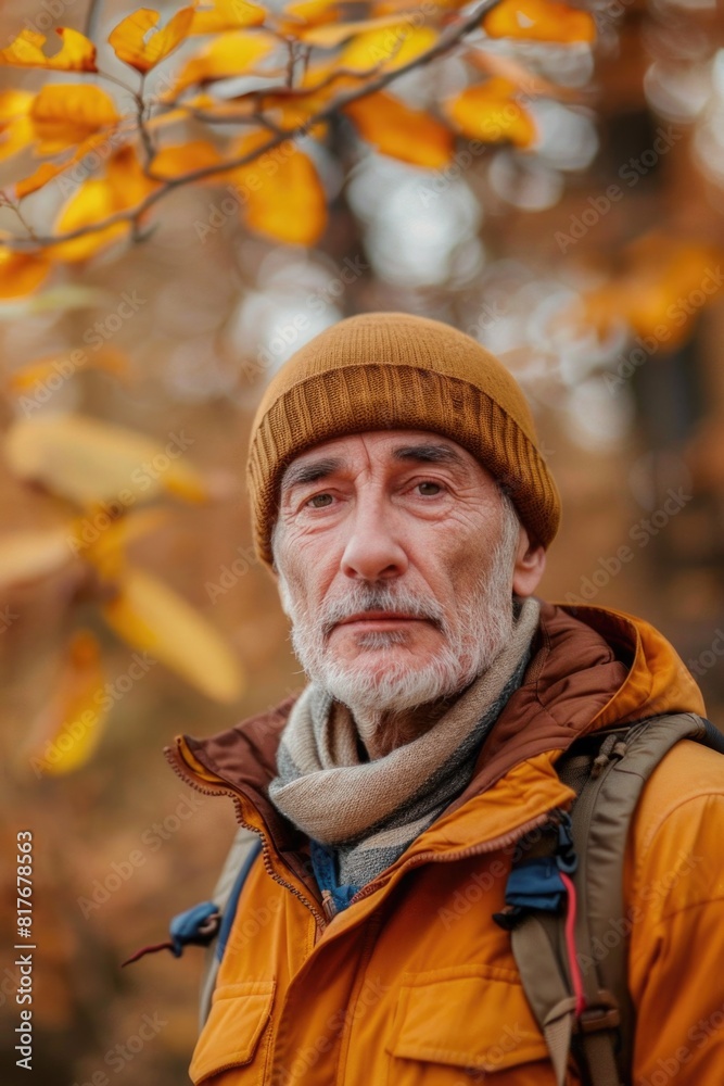 A man wearing an orange jacket and a brown hat. Suitable for outdoor fashion or autumn themes A man wearing an orange jacket and a brown hat. Suitable for outdoor fashion or autumn themes
