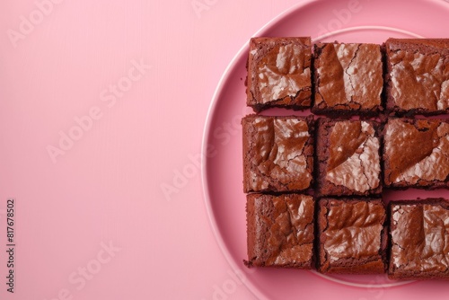 Freshly baked chocolate brownies arranged on a pastel pink plate, captured with soft natural lighting photo