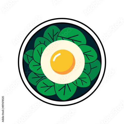 vector illustration of spinach and fried egg on a plate in a minimalist and flat style, isolated on a white background