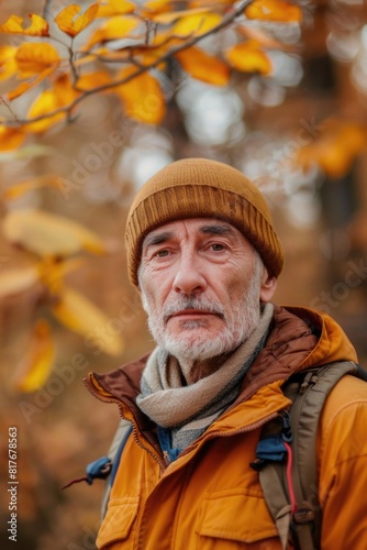 A man wearing an orange jacket and a brown hat. Suitable for outdoor fashion or autumn themes
