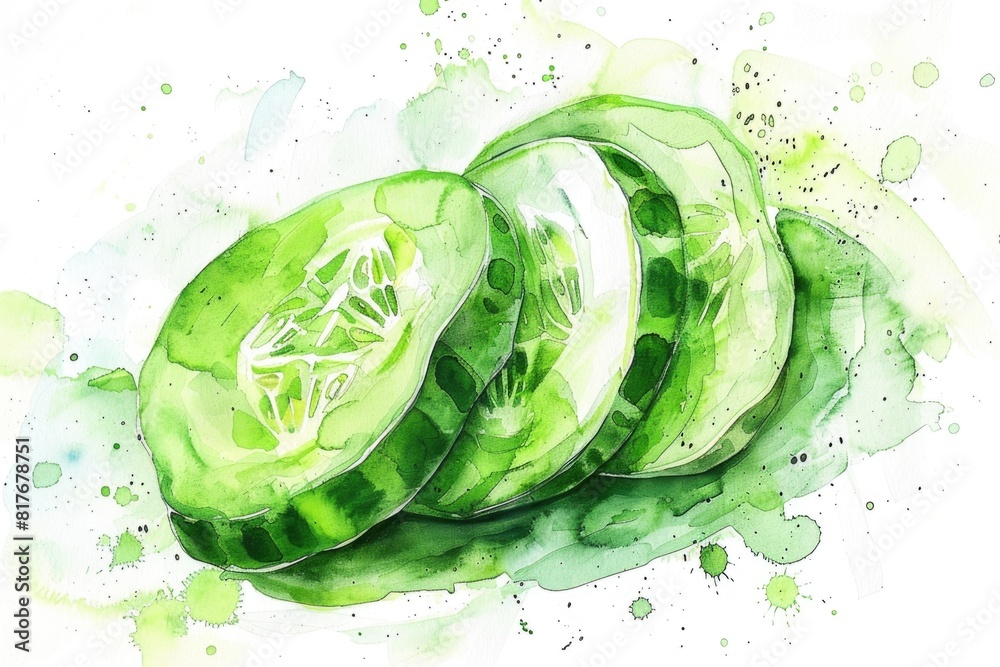 Obraz premium Fresh and vibrant watercolor painting of a sliced cucumber. Perfect for food and healthy lifestyle concepts
