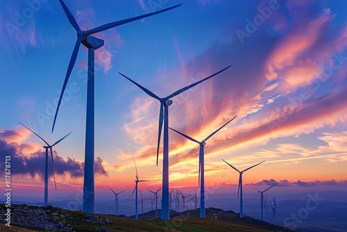 Wind turbines on a hill spinning during sunset, harnessing renewable energy with vibrant colors in the sky
