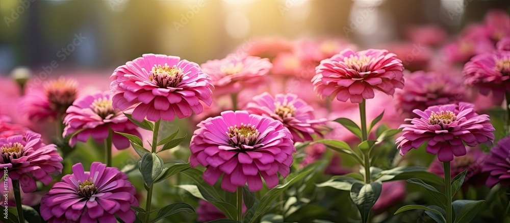 A beautiful background featuring a cluster of pink zinnia flowers with ample open space for placing additional images or text A beautiful background featuring a cluster of pink zinnia flowers with ample open space for placing additional images or text